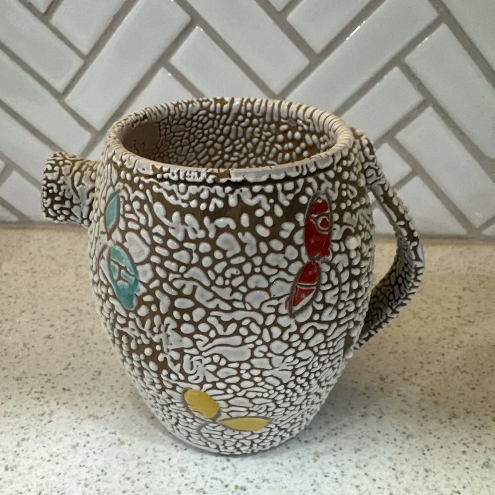 Vintage Italian Pottery  Small Pitcher Pebble Lava Glaze Hand Painted